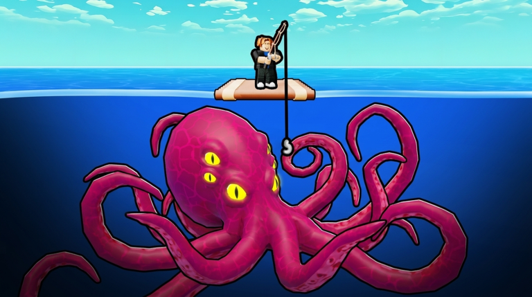 Pull A Lucky Fish official Roblox cover art with a giant pink octopus